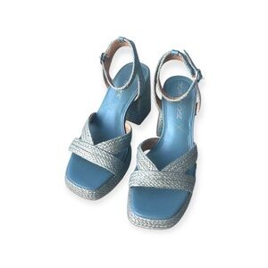 Crown Vintage Blue Woven Chunky Heel Sandals with Ankle Strap | Heels